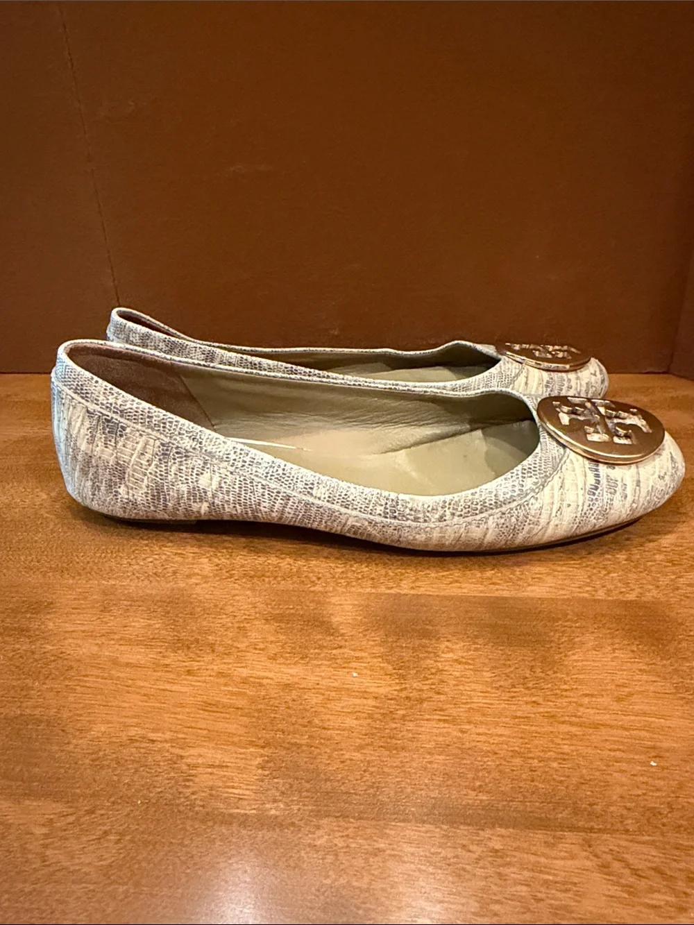 Tory Burch Light Neutral Patterned Logo Ballet Flats with Gold Medallions